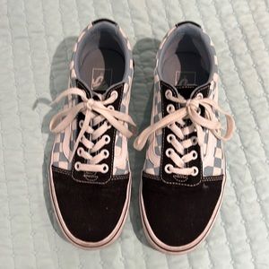 Slightly worn blue and white vans from off the wall, fairly good condition